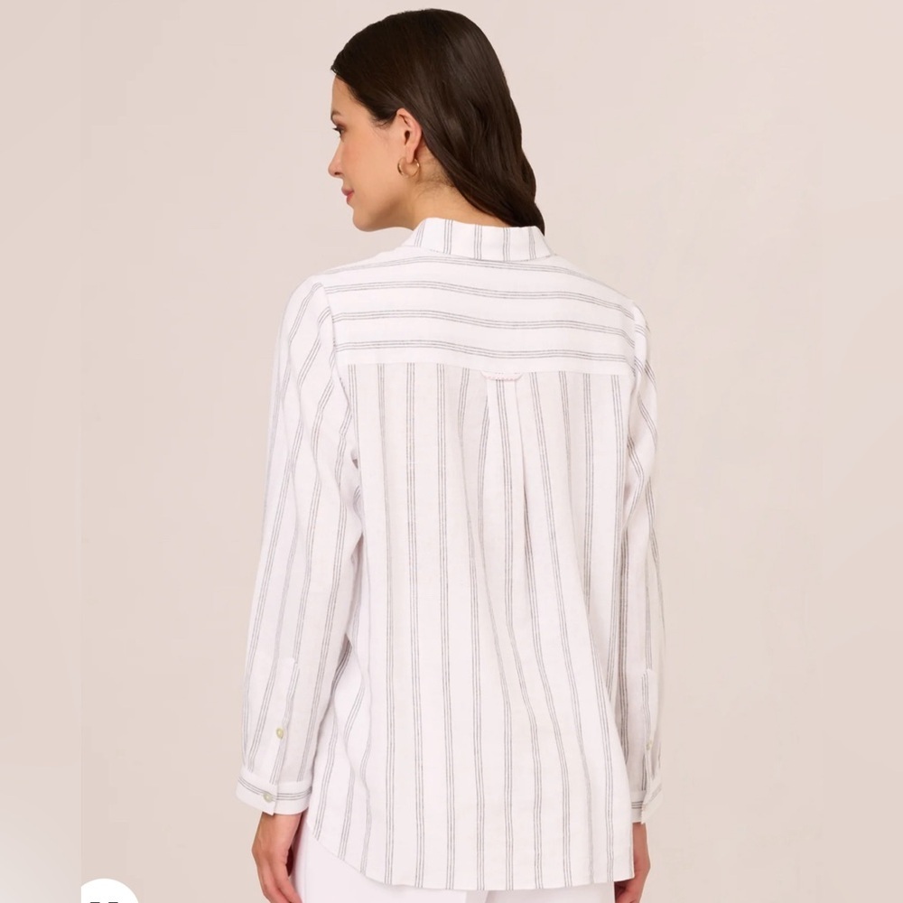 ADRIANNA PAPELL Button Down Linen Long Sleeve In white and grey stripes Top - Picture 4 of 13